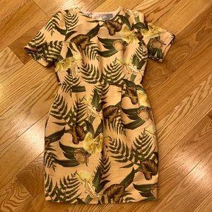 ASOS Peach Floral Backless Mini Dress with Green Ferns and Yellow Blooms